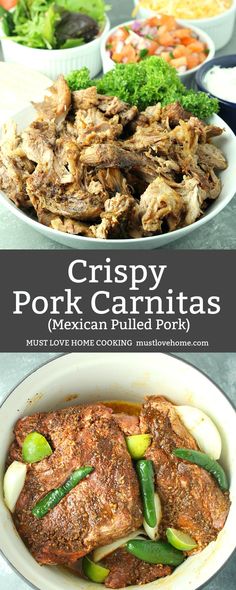 crispy pork carnitass with mexican pulled pork and green beans in a white bowl