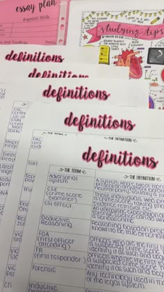 two sheets of paper with writing on them that say definition, definition, and definition