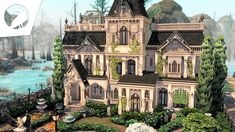 an animated image of a large house with lots of trees and bushes in front of it