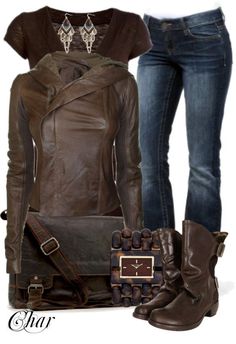 "leather jacket Look Hippie Chic, Mode Casual, Casual Outfit, Style Me, What To Wear, Dark Brown