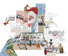 a collage of people and buildings in different stages of construction, including the water fountain