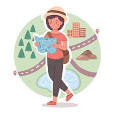 a woman is walking with a map in her hands