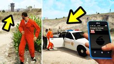 two pictures one shows a police car and the other shows an image of a man in orange jumpsuits