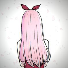 the back of a woman's head with long pink hair and leaves on it