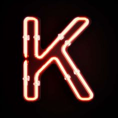 the letter k is made up of neon lights and has an arrow shape on it