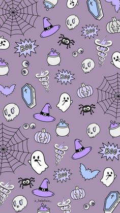 halloween seamless background with skulls, bats and ghost heads in purple colors on a light purple background