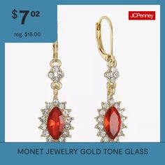 Included: 1 Pair of EarringsFeatures: RhinestonesEarring Back: Lever BackShape: MarquiseMetal Color: Gold ToneEarring Length: 50mmEarring Width: 15mmCare: Wipe CleanStone Type: 34 GlassEarrings Style: Drop EarringsMetal: ZincCountry of Origin: Imported Glass Drop Earrings, Monet Jewelry, Earrings Red, Earrings Drop, Jewelry Gold, Gold Jewelry, Gold Tones, Drop Earrings, Glass