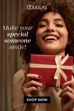 a woman holding a red gift box with white ribbon and the words, make your special someone smile shop now