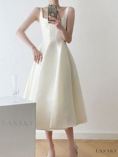 Lasaky - Simple Elegance Adult Evening Party Banquet Satin Host Dress for Wedding Occasion and Everyday Wear Summer Wedding A-line Gown, Solid Dresses For Banquet During Party Season, Summer A-line Wedding Dress, Spring White Gown For Banquet, Elegant White Sleeveless Tea Length Dress, White Spring Banquet Gown, Spring White Banquet Gown, Sleeveless Midi Dress For Wedding And Prom Season, A-line Bridesmaid Dress For Party