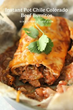 an enchilada with meat, cheese and cilantro in a white bowl