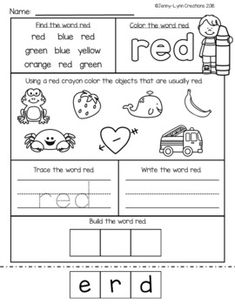 worksheet for reading the word red with pictures and words to color on it