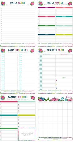 the printable daily planner is shown in three different colors and sizes, including one for each