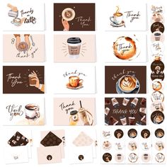 coffee and thank you cards with hand drawn lettering on white background, set of 12