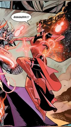 a comic book page with two women in red and black outfits, one holding a light saber