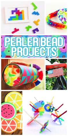 the words perler bead projects are shown above pictures of colorful beads and crafting supplies