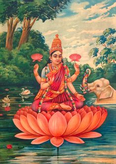 an image of the hindu god sitting on top of a lotus flower in front of water