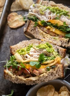 two sandwiches with different toppings sit on a tray next to potato chips and dip