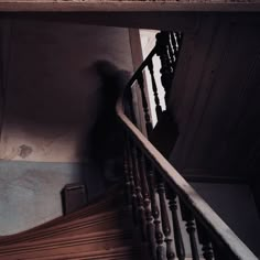 the shadow of a person walking down a stair case in an old building with wood handrails