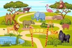 cartoon zoo scene with animals and birds