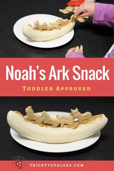 a kid is eating a banana boat made out of peanut butter and other ingredients for noah's ark snack