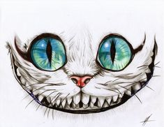 a drawing of a cat's face with big blue eyes and fangs on it