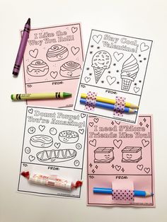 three coloring pages with crayons and markers