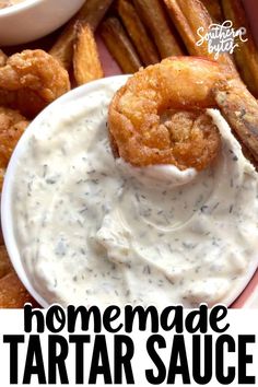 homemade tartar sauce in a bowl with onion rings on the side and text overlay that reads homemade tartar sauce