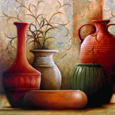 three vases sitting on top of a table next to each other in front of a wall