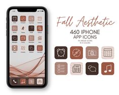 an iphone with the text fall aesthetic, 480 phone app icons in brown and white