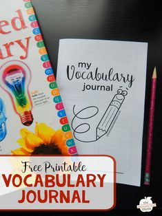 two notebooks with the words, free printable vocably journal and a sunflower