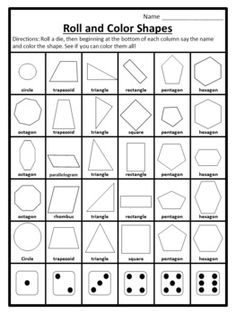 the worksheet for roll and color shapes