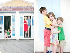 three children hugging each other in front of a photo booth and an image of the same child