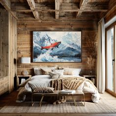 a bedroom with wood paneling and a painting on the wall