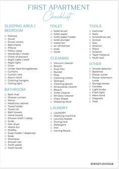 the first apartment checklist is shown in blue and white