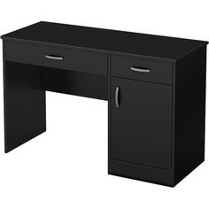 a black desk with two drawers and one door on the left side, is shown in front of a white background