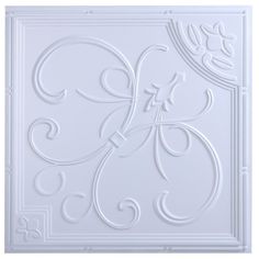 a white ceiling tile with an ornate design on the front and back panel, in various sizes