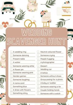 a wedding scavenger hunt is shown with flowers and other things to do on it