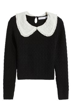 A contrasting eyelet-embroidered collar tops this cozy, cable-stitched sweater framed by ribbed trim and perfect for adding a polished touch to your look. 19 1/2" length Back keyhole with button-and-loop closure Peter pan collar Long sleeves Ribbed cuffs and hem 43% acrylic, 30% polyester, 27% nylon Dry clean Imported Stitched Sweater, Peter Pan Collar Sweater, Summer Knit Tops, Cami Midi Dress, Cami Bodysuit, Tie Dye Crop Top, Embroidered Collars, Square Neck Top, Floral Print Midi Dress