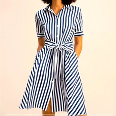 Striped A-Line Shirt-Dress Designed With Style And Fashion. The Matching Sash Silk Belt Is An Important Finishing Touch To The Whole Piece, As It Looks Gorgeous And Shapes The Body. The Navy Stripes Imprints The Message Of Seaside Vacation, The Coming Of Spring And Summer, And Being Happy, Bold, And Free! Composition: 100% 16 Momme Silk Twill A-Lineregular Fit, Falls To Knee. Classic Bold Stripes In Navy Blue And White. Silk Twill Has A Lightweight And Fluid Drape, Making It Soft And Smooth On The Skin. Silk Twill Feels Cool In Warm Weather And Provides Warmth In Colder Temperatures. Care: Hand Wash Cold, Line Dry, Cool Iron; Or Dry Clean. Being Happy, Cold Temperature, Bold Stripes, Silk Twill, White Silk, Shirtdress, Navy Stripes, Warm Weather, Designer Dresses