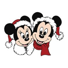 two mickey and minnie mouse heads with santa hats on their heads, one wearing a red scarf