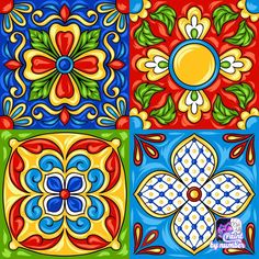 four different colored tile designs with flowers and leaves on them, all in the same color scheme