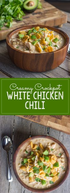 creamy enchilada white chicken chili with avocado and cilantro