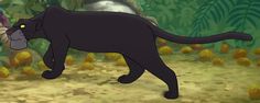 an animated black cat is walking in the jungle