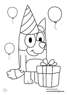 a cartoon character holding a gift box with balloons in the sky behind it, coloring page