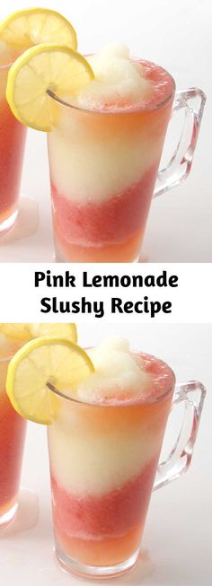 two pictures of pink lemonade slushy recipe in glasses with lemons on the rim