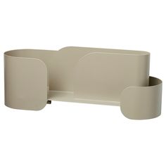 a white shelf with two bowls and one cup on it's side, against a white background