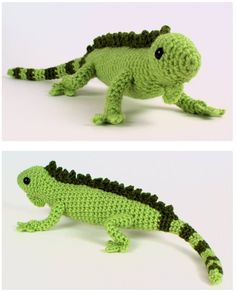 crocheted green toy lizard with black stripes on its back and tail, standing upright