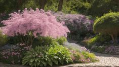 A Picture Of A Visually Mesmerizing Garden With A Path AI Generative stock image Garden Paths, Stock Illustration, Stock Images, Purple, Pink