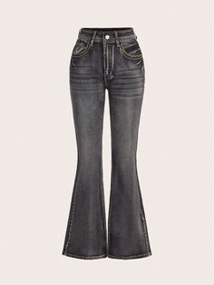 Dark Grey  Collar  Denim Plain Flare Leg Embellished Slight Stretch  Women Clothing Long Flare Jeans, Dark Flared Jeans, 2000s Flare Jeans, Fitted High Rise Grunge Flare Jeans, Clothes Pants, Grey Flared Jeans, Grunge High Waist Fitted Flare Jeans, Women Pants, Flared Pants