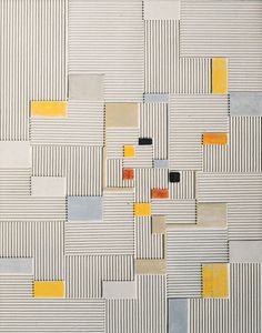 an abstract painting with squares and rectangles in grey, yellow, orange and black